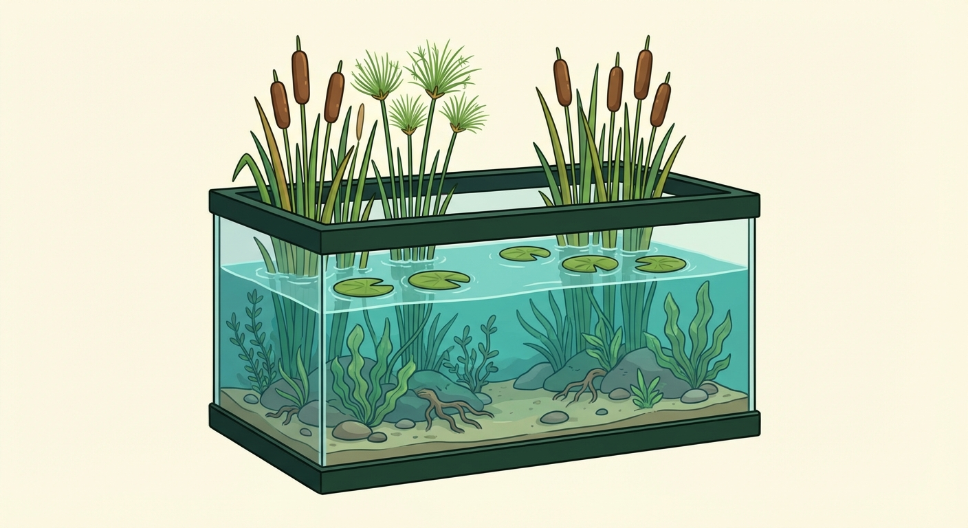 Illustration of a riparium with emergent water plants