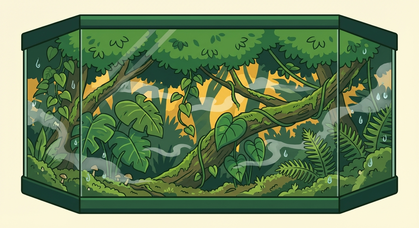 Illustration of a lush tropical rainforest vivarium